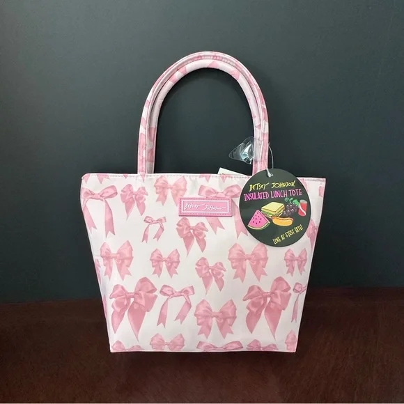 Betsey Johnson Pink and White Insulated Lunch Tote with Bow Pattern - Picture 3 of 9